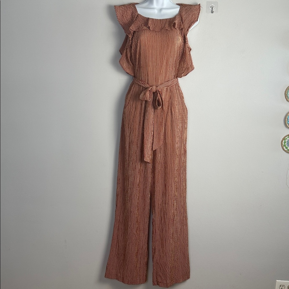 Anthropologie Eva Franco Ruffle Striped Jumpsuit in Terracotta Small Pockets - Picture 2 of 16